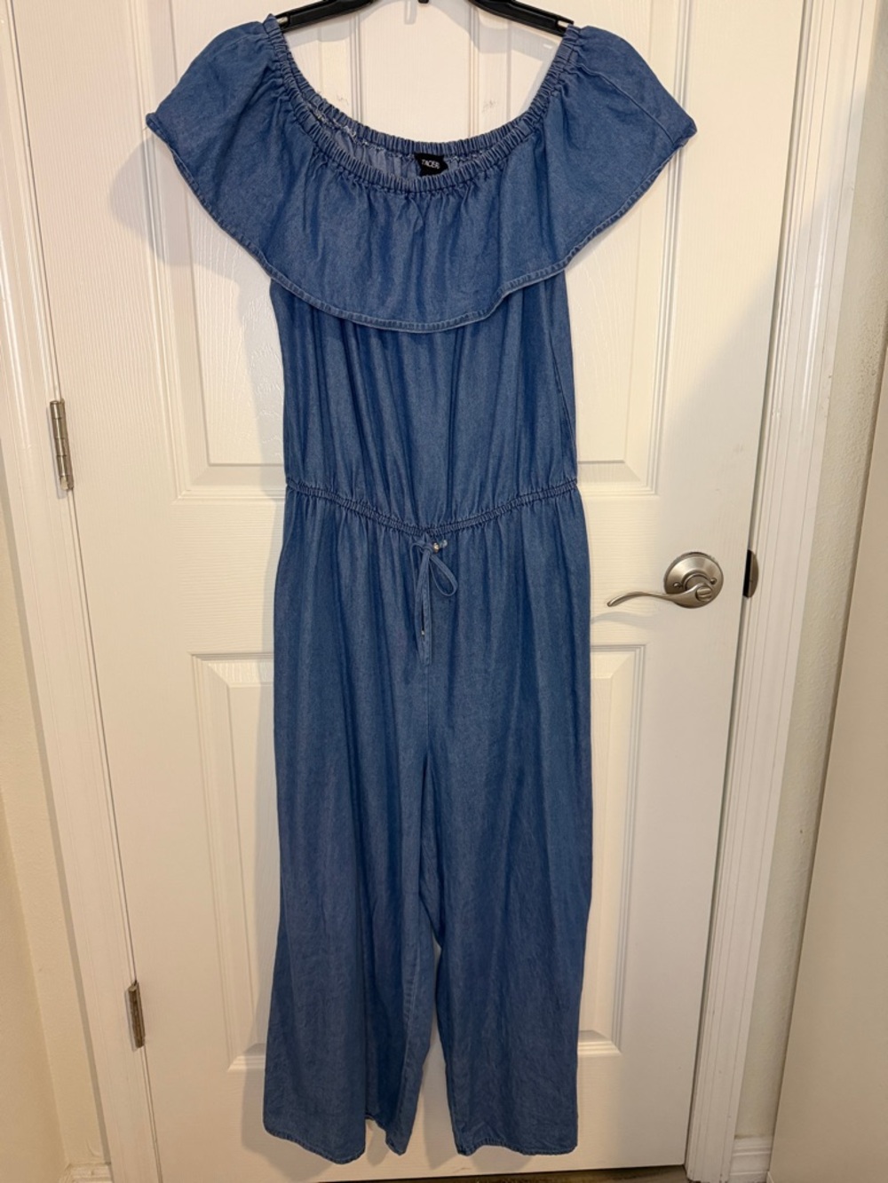 Tacera Blue Elastic-Waist Denim Romper Off shoulder or on. Wide legs